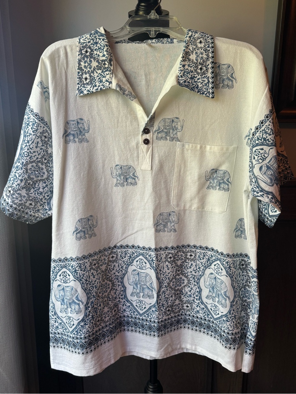 Men's Cotton White Casual Button-Down Shirt with Blue Elephant Print xl